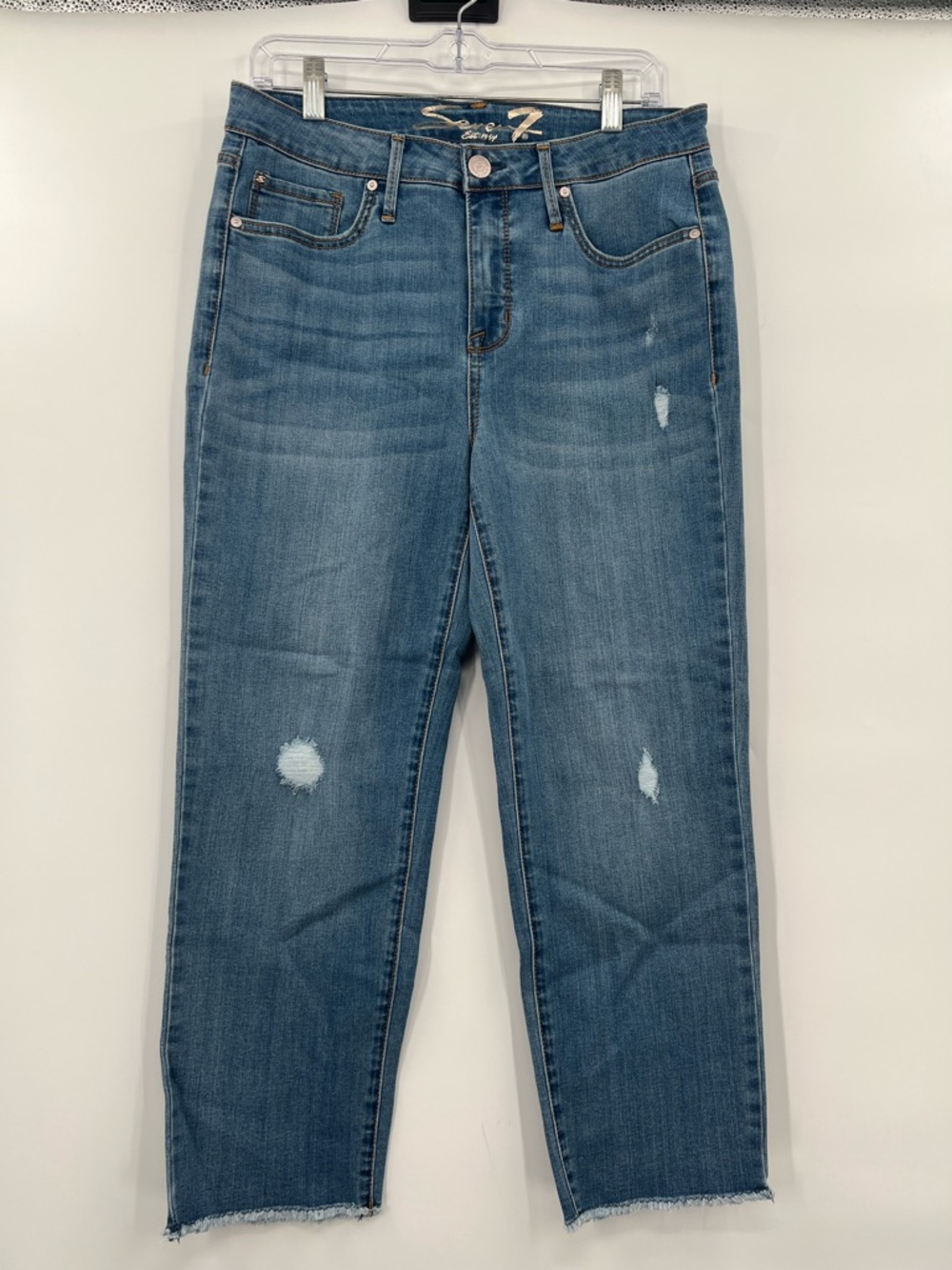 Size 8  Seven7 Straight Crop Jeans in Medium Blue Wash with Distressed Accents